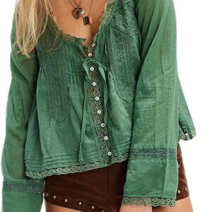 Tie Front Lace Tops for Women Trendy Ruffle Trim V-Neck Chiffon Blouses Y2k Shee